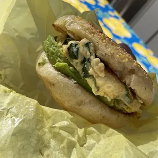 Morning muffin (tinned fish, egg, kale, avocado, miso, scallions, cream cheese)