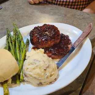 Smoked Bone-in Pork Chops with bacon pepper jam, mashed potatoes, and broccoli. I was told they were delicious!