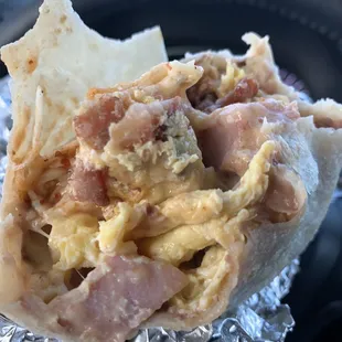 Big breakfast burrito. Bacon, Ham, beans &amp; cheese. Homestyle burrito
