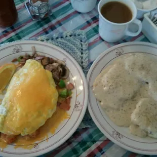 Daybreak Omelet with two biscuits and gravy