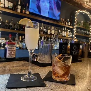 French 75 and smoked Old fashioned