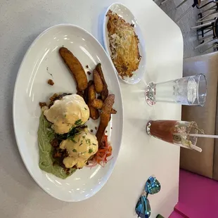 Chorizo Benny with side of cheesy hash browns! Yum!