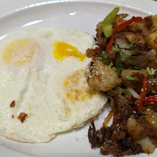 Chorizo hash with over easy eggs