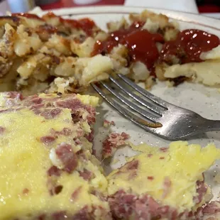 Corn beef and Swiss omelette.
