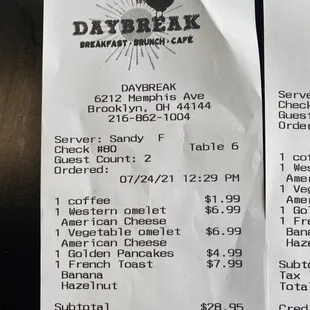 Charged $7.99 when French toast was posted as $5.99 on the menu WITH toppings...