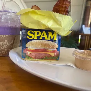 a spam sandwich and a drink