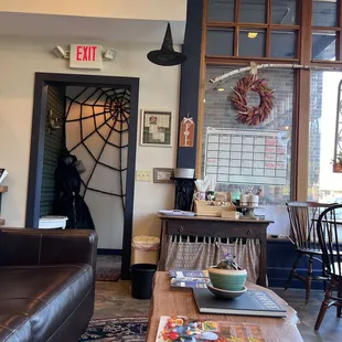 Front seating area all decorated for Halloween.