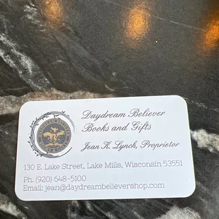 Business card of the owner.