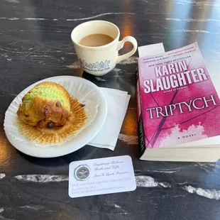 Pistachio muffin, Boston Cream Pie coffee &amp; a good book!