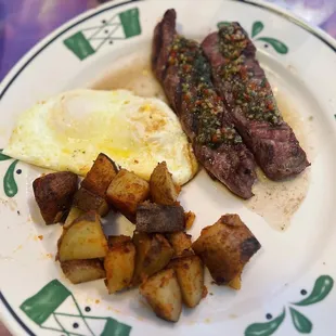 Chimichurri steak + eggs + potatoes