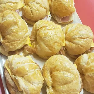 Breakfasts: Sausage egg and cheese on croissants , Ham egg and cheese on croissants, Becon egg and cheese on croissants.