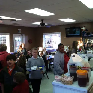 a group of people in a restaurant