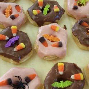 a tray of decorated doughnuts