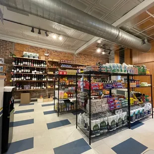 a grocery store with a checkered floor