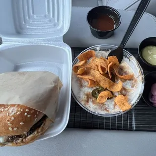 My lunch in the truck. Burger and Frito Beans.