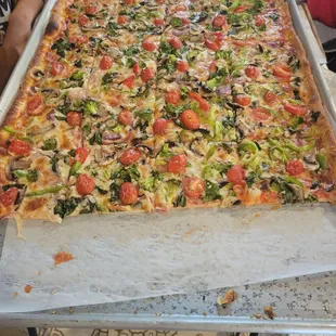 a large rectangular pizza