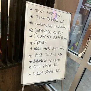 Specials board. They told me the top mentioned item was  $64.