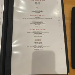 Non-alcoholic drinks / dessert menu