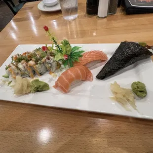 Baby scallop roll, fatty salmon sushi, bbq eel hand roll