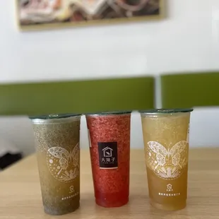 Jade lemon with chia seeds, strawberry beauty, and jade lemon without toppings