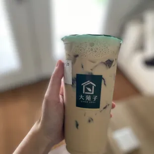 Grass jelly milk tea ($4.65)