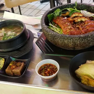 eel stone pot bibimbap with bean sprout soup $17.99