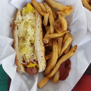 a hot dog and french fries