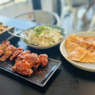 Fried rice, chicken wings, and kimchi pancake all very yummy