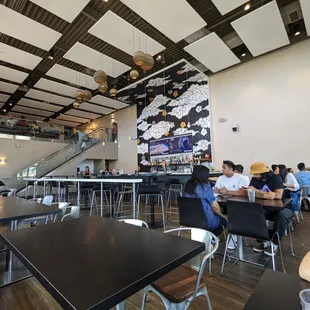 people sitting at tables in a restaurant