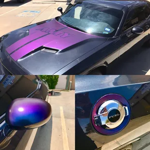 Colorflow wrap vinyl for custom stripes on hood and partial wraps on side mirrors and gas tank bezel