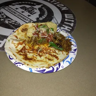 Beef casadilla w/ black beans and seasoned rice...