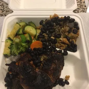 1/4 chicken white w/veggies, beans and rice - very flavorful!