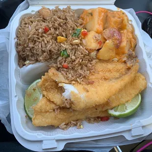 Fried catfish with fried rice &amp; cheese potatoes
