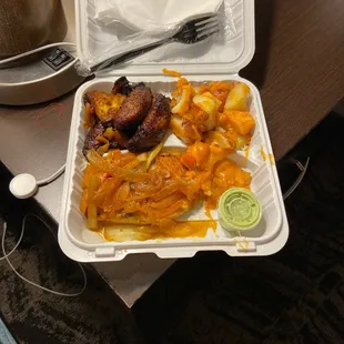 Salmon cheese potatoes and plantains