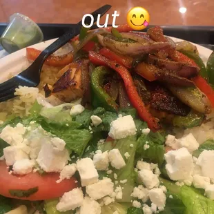 Grilled Salmon with grilled peppers and onions, side salad!