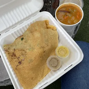 Dosa Combo with sambar, coconut chutney and mango habanero chutney
