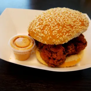 Huge Buttermilk Chicken Sandwich (08/01/2016 special).  Normally comes with pickles and custom sauce on sandwich...