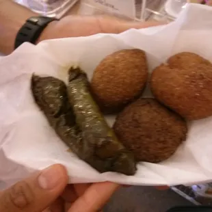 Stuffed grape leaves, falafel, veggie and beef kibbeh