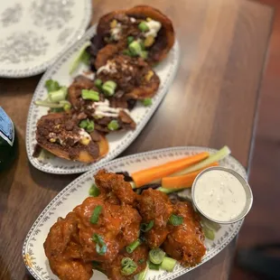 Buffalo Cauliflower Wings and Potato Skins