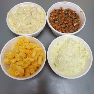 Mac &amp; cheese, baked beans with hamburger, cole slaw and potato salad