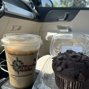 iced caramel macchiato  chocolate muffin