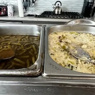 Salty and undercooked broccoli rice dish and can dumped green beans