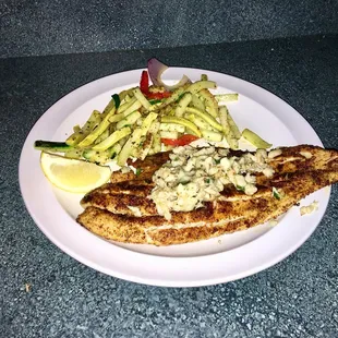 Blackened redfish with veggies
