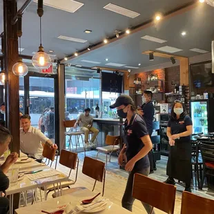 a group of people in a restaurant