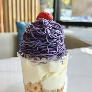 Stringed Ube Vanilla Ice Cream w/ Egg Pudding and cereal toppings