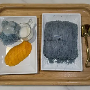 Butterfly pea with mango sticky rice.