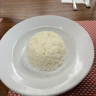 Rice on a dirty dish. Some food stains and sort of small debris. Here and there. Rice was dry...