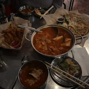 Spicy Kimchi Stew with Pork Seafood Green Onion Pancake 3 Kinds of French Fries