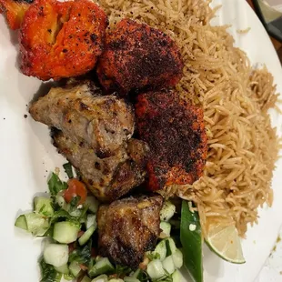 Combination kabob, chicken and beef tikka