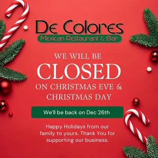 To enjoy time with our families we will be closed on Christmas Eve and Christmas Day. 
Happy Holidays!
